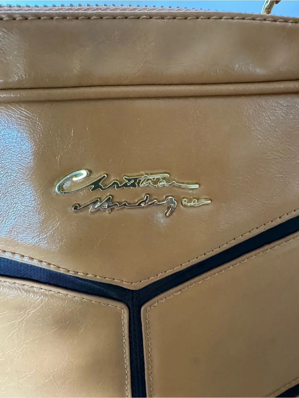 Christian Audigier Tan Satchel with Black Trim and Gold Hardware